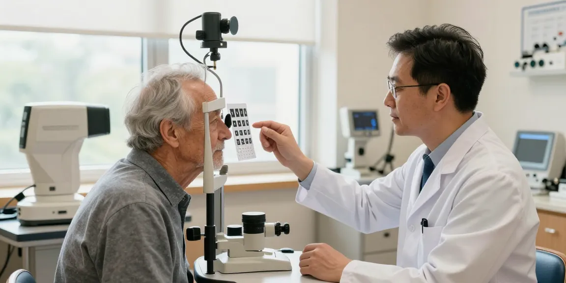 黄斑病變檢查 in a healthcare setting with an optometrist guiding a senior through a vision test.