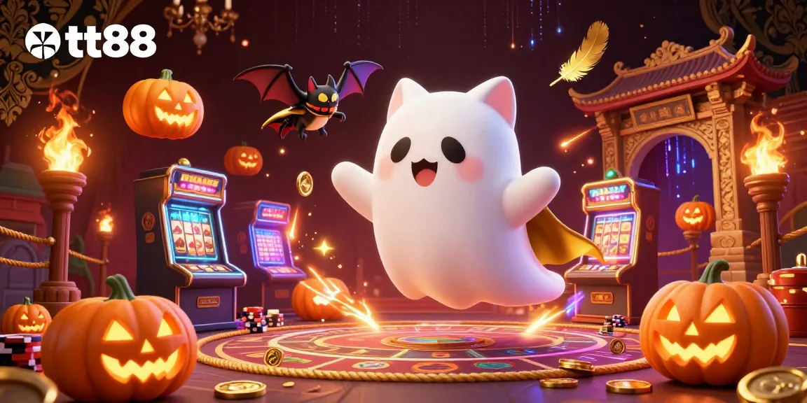 Spin the reels at tt88 in a dynamic casino scene featuring a ghostly cat and glowing pumpkins.