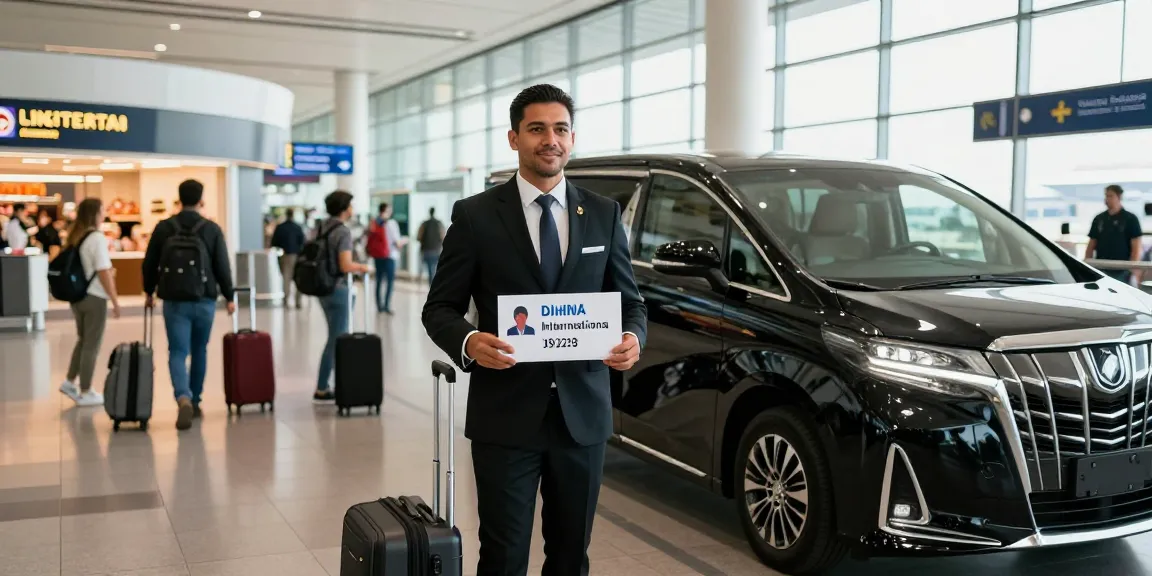 Airport chauffeur service at Dubai International, with a professional driver welcoming a passenger.