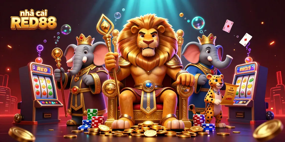 Engage with nhà cái RED88 in a vibrant casino environment featuring majestic characters and slot games.