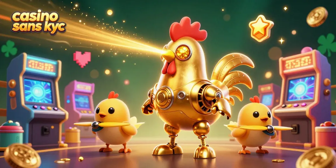 Jouez au casino sans KYC avec un robot coq futuriste et des jeux colorés.