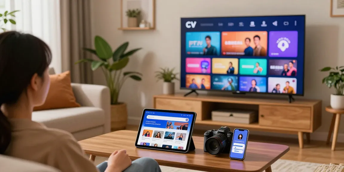 Une personne profitant de son abonnement IPTV Belgique dans un salon chaleureux, écran de télévision affichant diverses chaînes.
