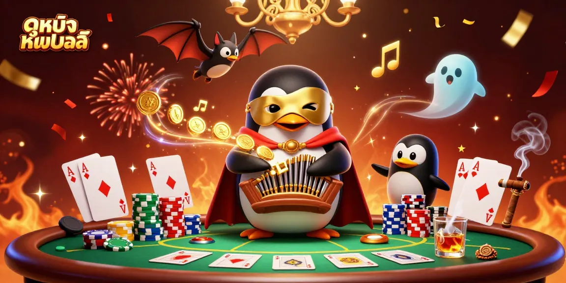 Experience ดูหนังออนไลน์ like never before with vibrant casino-themed character action in a lively digital illustration.