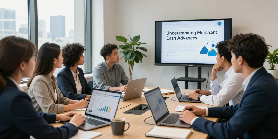 Business meeting discussing if merchant cash advance legit, with diverse team reviewing financial data.