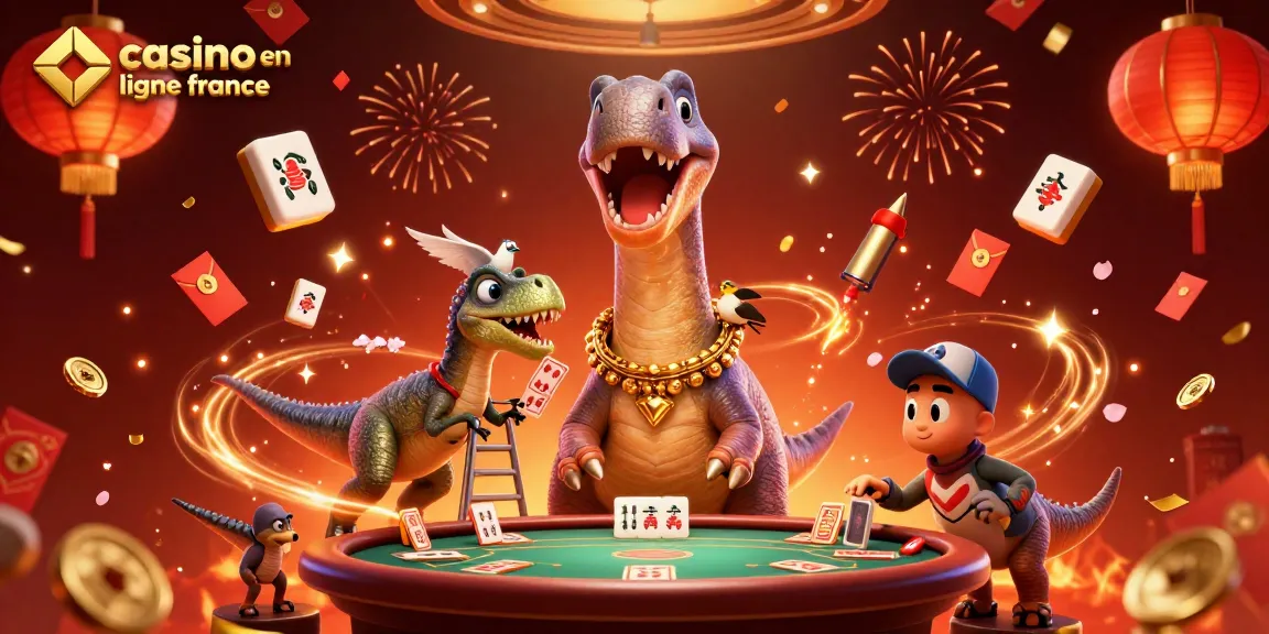Jouez aux jeux de casino en ligne France avec des illustrations dynamiques de dinosaures et de cartes de poker.