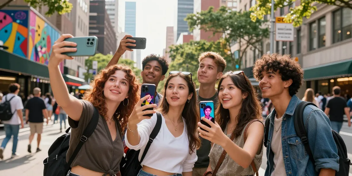 Friends discovering their celebrity look alikes using a mobile app on a sunny city street.