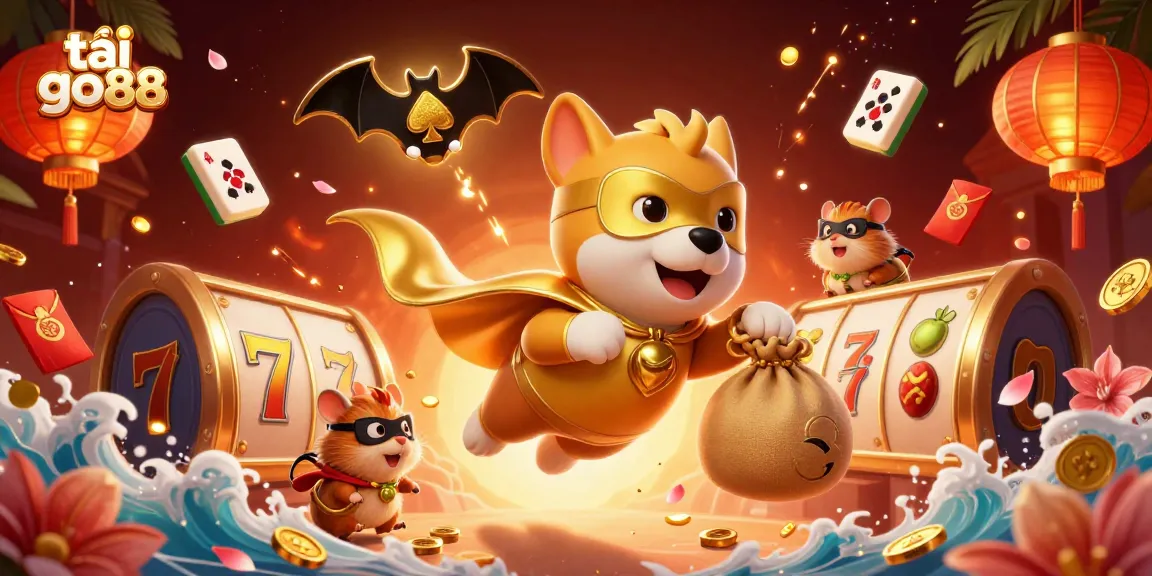 Play and win big with tải go88, a vibrant 3D cartoon illustration showcasing a superhero dog and casino elements.