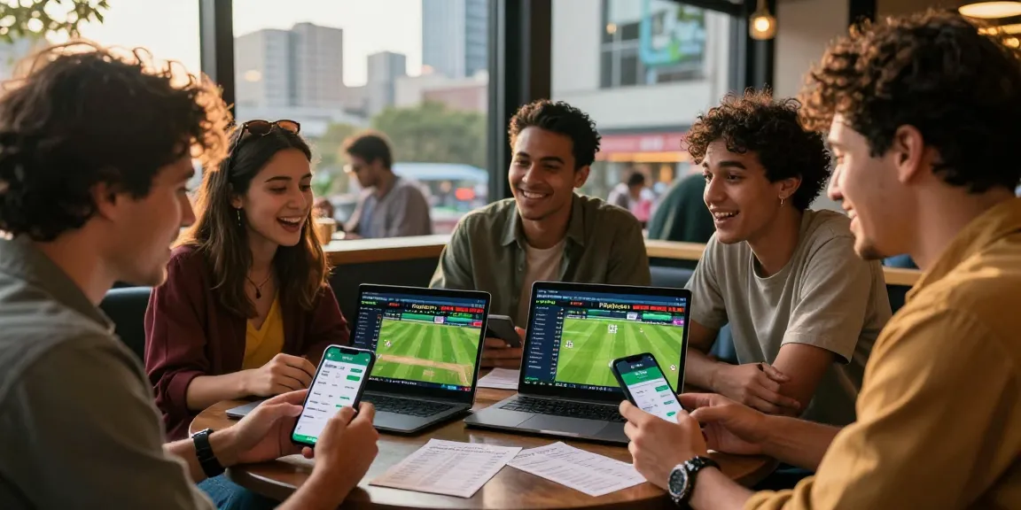 Engaged group of friends discussing cricket betting strategies using the Fairplay24 app in a vibrant urban setting