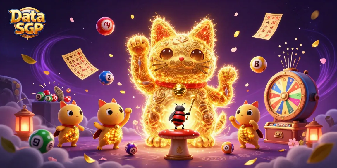 Engage with Data SGP through a vibrant 3D illustration showcasing a lucky cat, colorful lottery elements, and casino symbols.