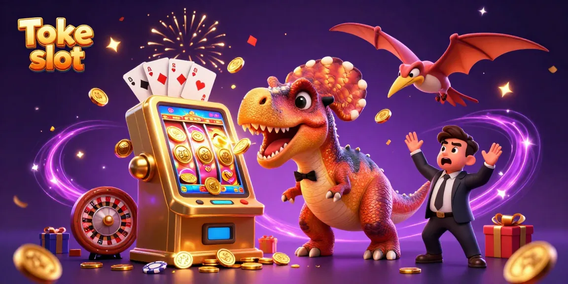 Toke slot scene with a pachycephalosaurus winning jackpot coins and celebratory elements.