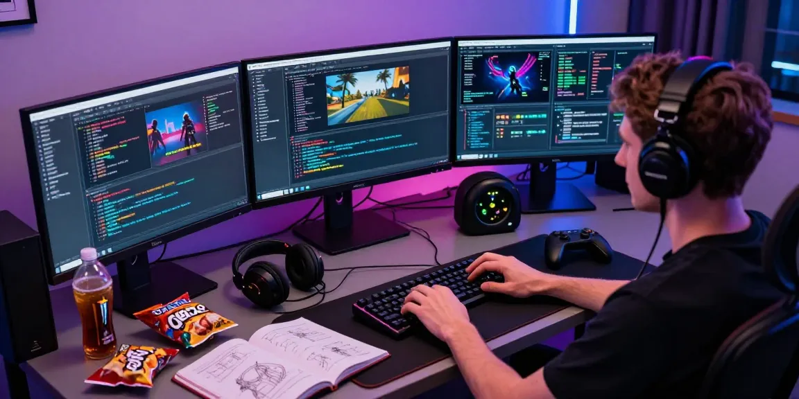 Gaming developer coding FiveM QBox Scripts in a vibrant and tech-savvy environment with multi-screen setup.