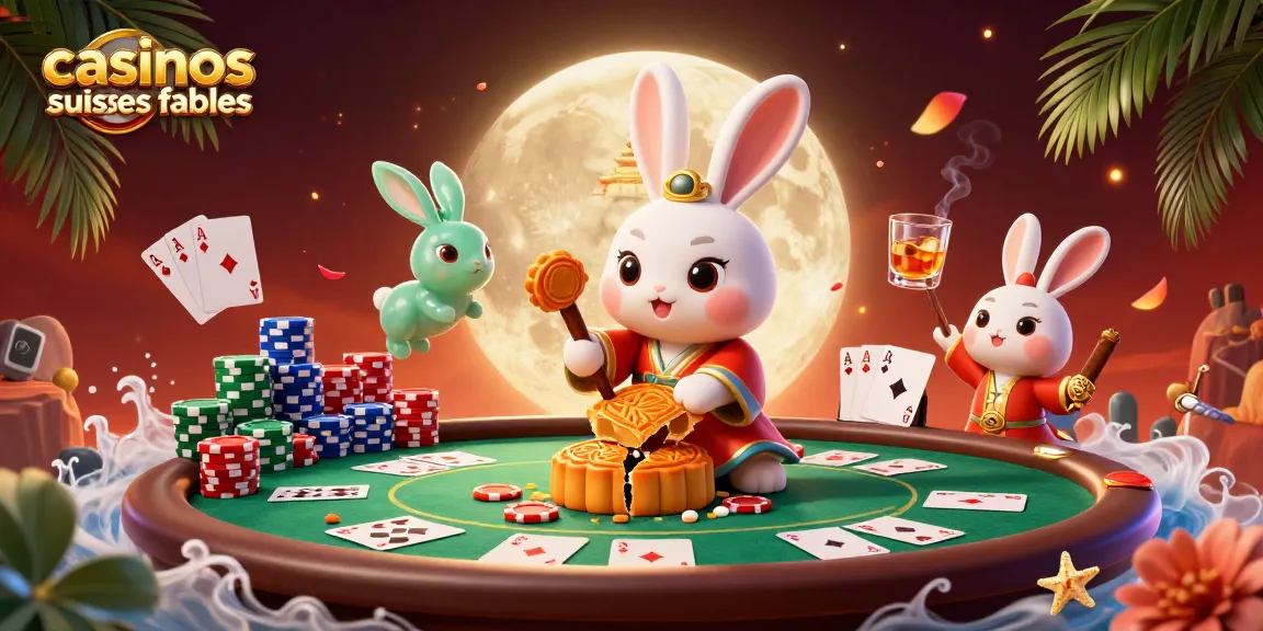 Illustration de jeux de cartes avec des casinos suisses fiables révélés par un lapin de la lune.