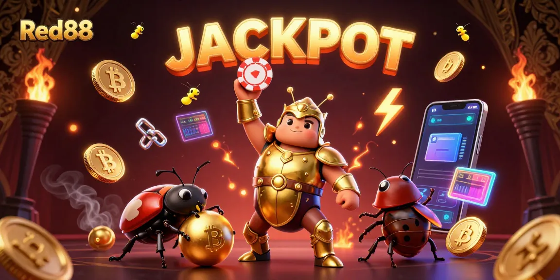 Spin the slots with Red88's lively casino illustration featuring golden jackpot wins.