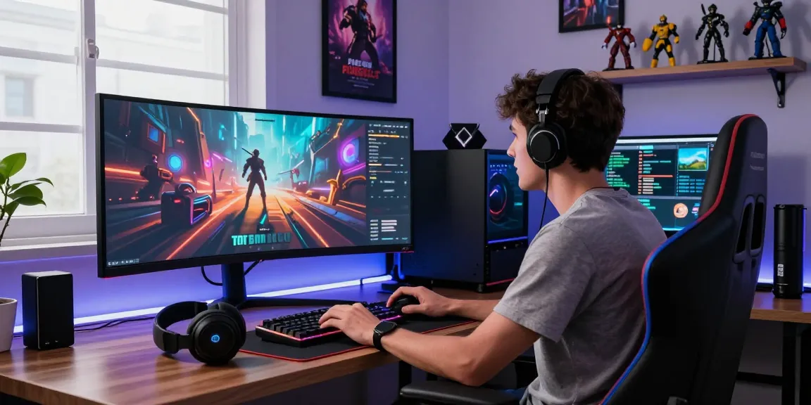 Immersive gaming setup featuring pakde4d gameplay on an ultra-wide monitor, vibrant graphics, and stylish LED lighting.