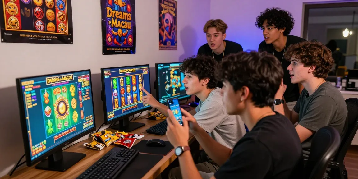 Friends enjoying "Dreams of Macau" online slot game, celebrating wins in a lively gaming room.