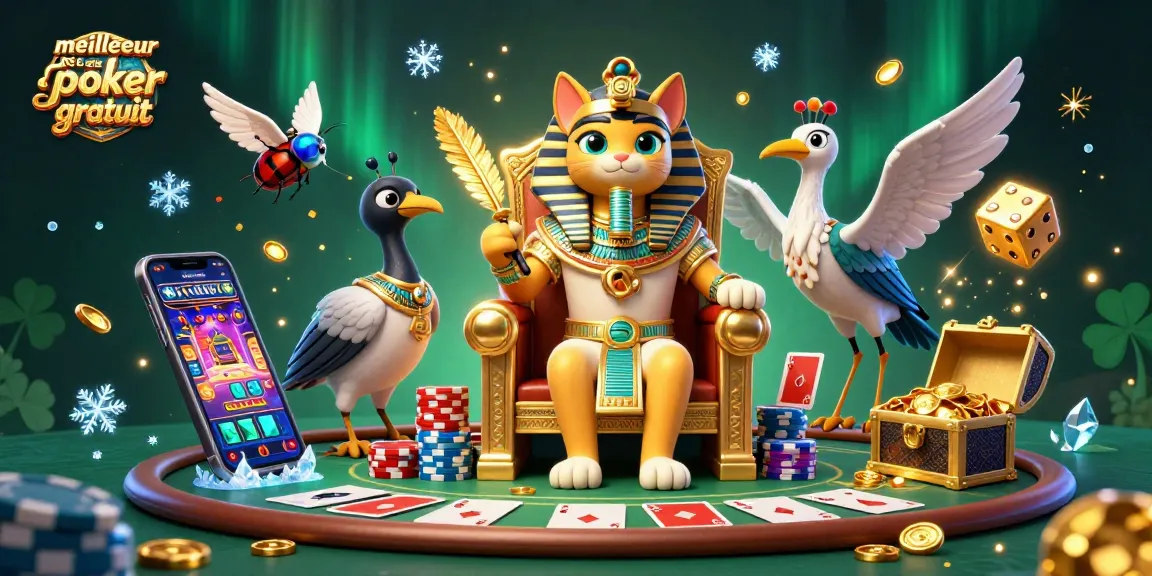 Jouer à meilleur jeux de poker gratuit avec un chat pharaon égyptien entouré de cartes et de jetons.