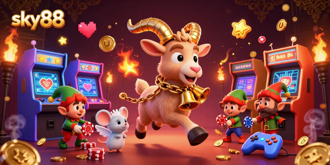 Experience thrilling gaming action at sky88, a vibrant scene with festive Krampus overseeing a chaotic casino.