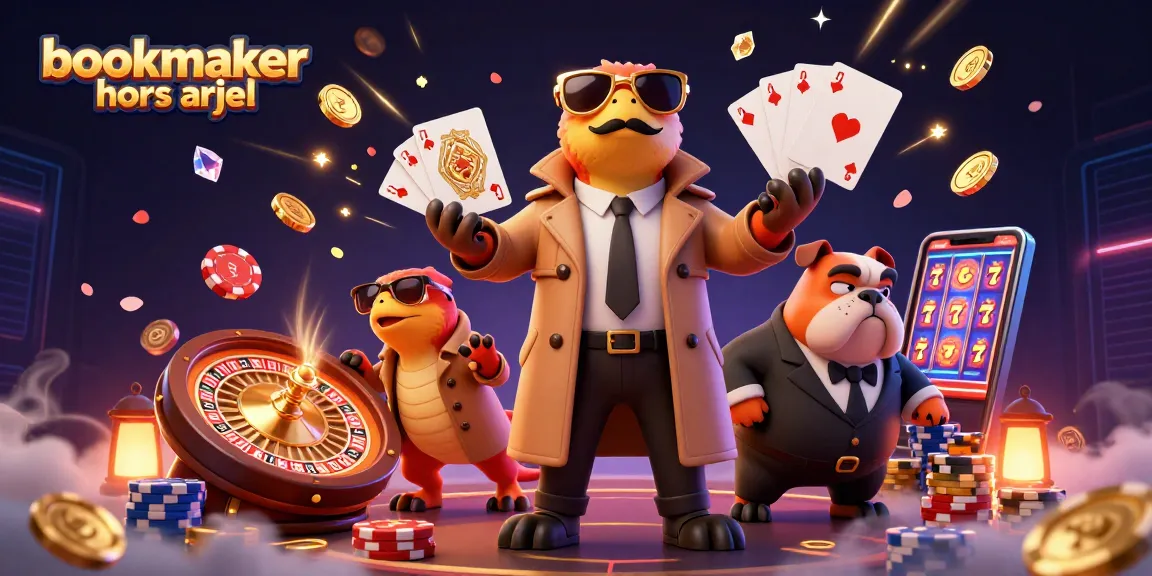 Pariez facilement avec un bookmaker hors ARJEL dans une scène de casino dynamique remplie de pièces d'or et de jeux.