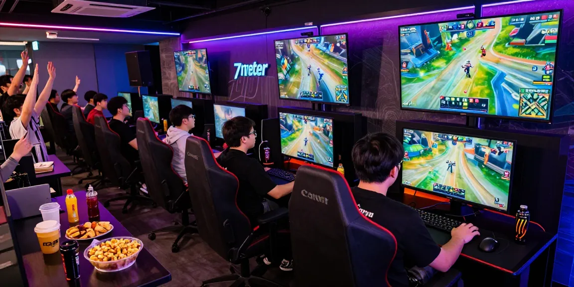 7meter gaming lounge with competitive gamers enjoying eSports tournaments in a vibrant atmosphere