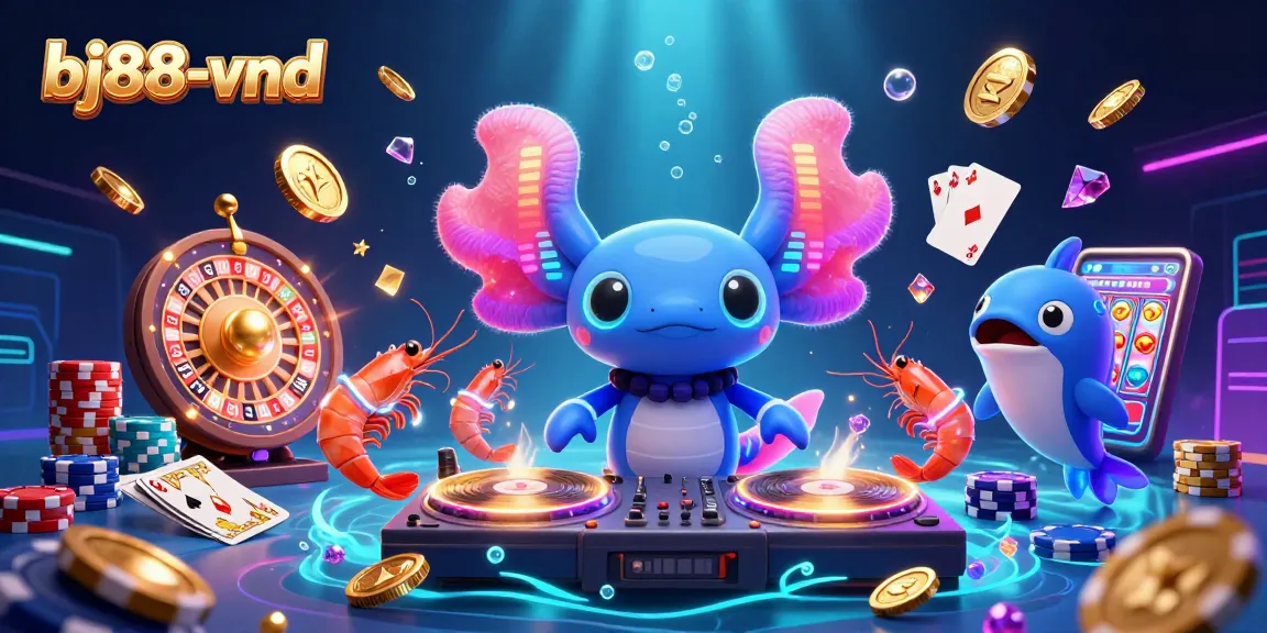 Experience excitement at bj88-vnd with a vibrant scene featuring a neon axolotl DJ, glowing shrimp, and explosive gems.