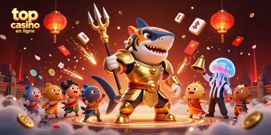 Venez découvrir le meilleur casino en ligne avec notre requin tigre en armure dorée dans une arène sous-marine.