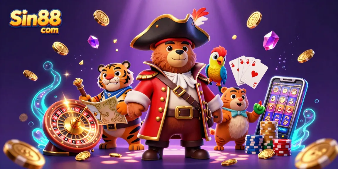 Experience the excitement at Sin88 com with vibrant 3D casino characters amid flickering golden coins and dynamic gaming elements.
