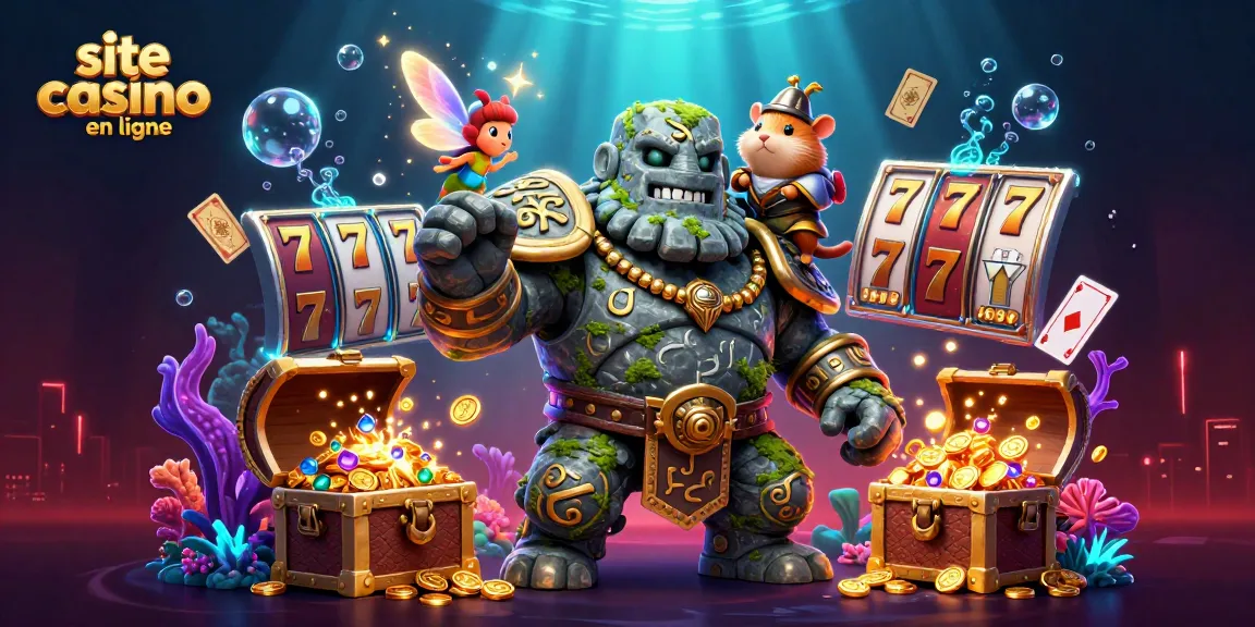 Un site casino en ligne vibrant avec un gardien golem vivant, une fée magique et un hamster chevalier dans un environnement dynamique.