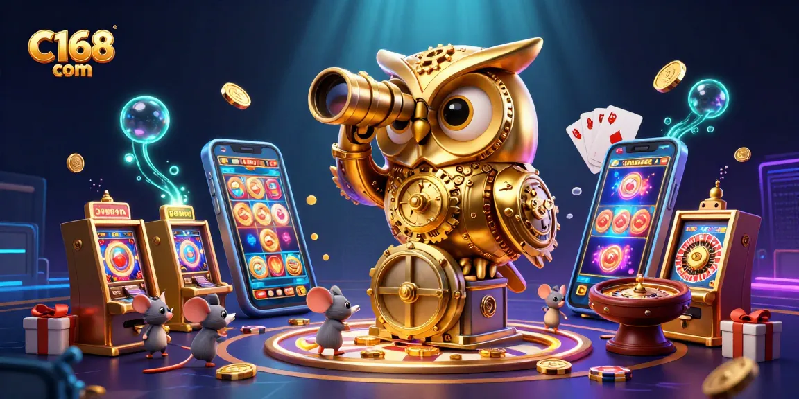 C168 com showcases a lively casino scene featuring a mechanical owl overseeing gambling action, with vibrant visuals.