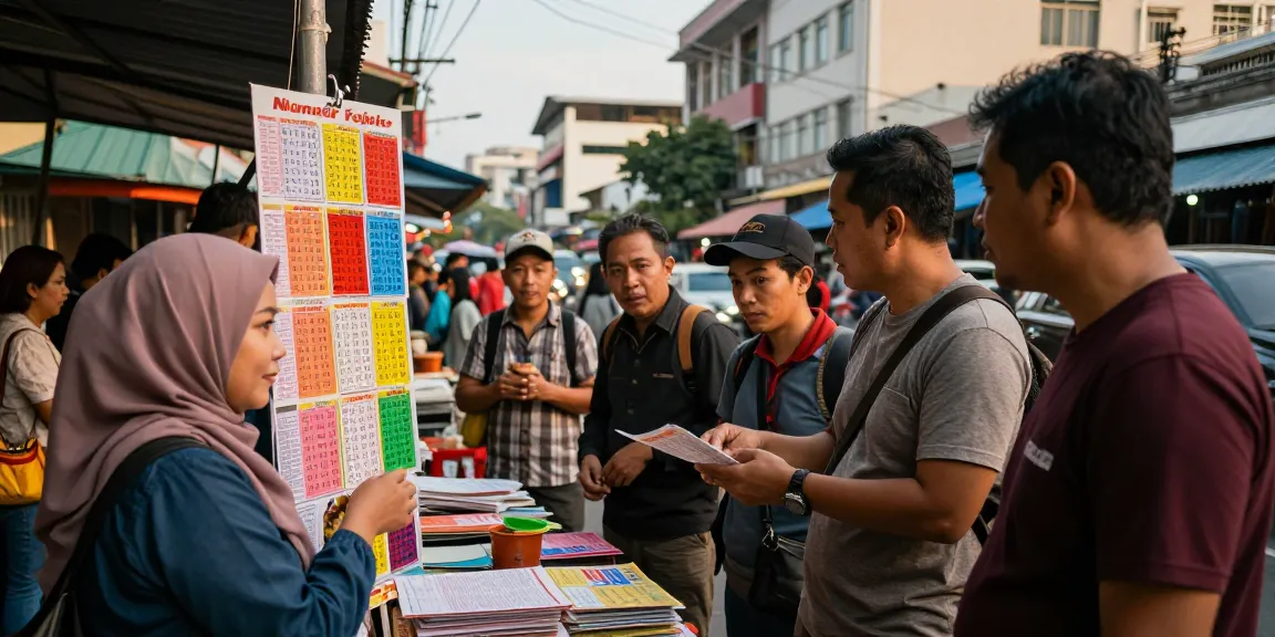 Diskusi komunitas tentang nomor rejeki di pasar kota yang meriah.